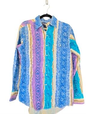 Vintage Wrangler Shirt 16x34 Aztec Western Button Down Long Tail Pearl Snap